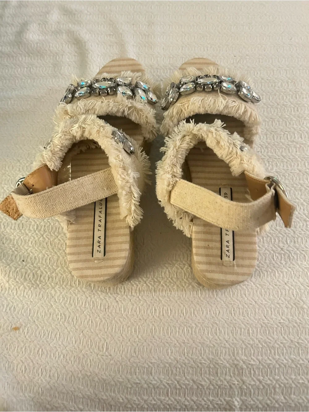 Zara Cream Jeweled Platform Espadrille Sandals